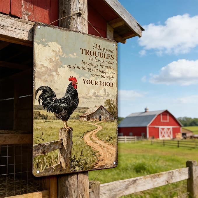Funny Chicken Signs Farmhouse Rooster Crowing Farm Fence Aluminium Metal Chicken Signs Decor Home Farm Wall Decor for Coop Poster 16x12 Inch