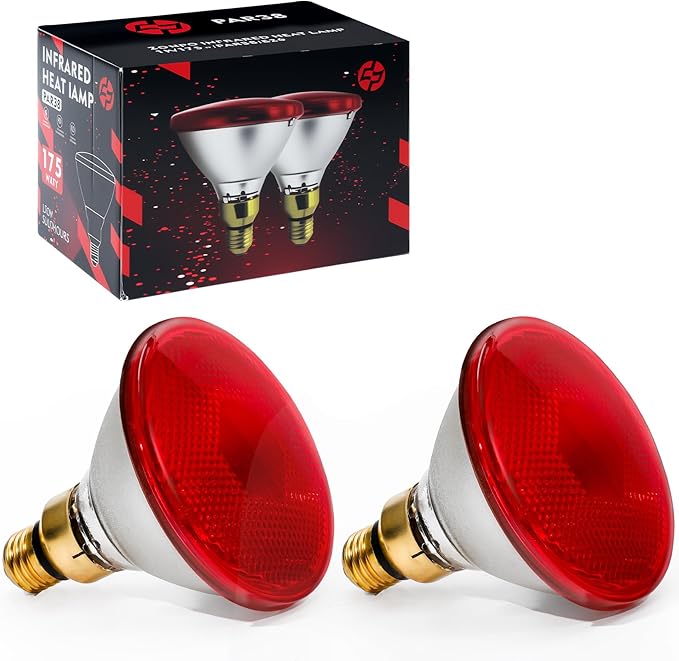 Heat Lamp, 175W Heat lamp Bulbs, PAR38 Infrared Heat lamp, Halogen Heat for Food Service, Brooder Bulb, Chicks, Pet, Bathroom, Light Therapy Use E26 Base, Flood Light Heat Lamp. 2 Pack
