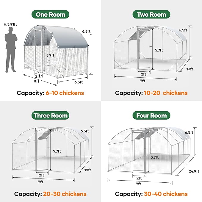 Metal Chicken Coop Run Large Chicken Coop for Yard with Cover Coupe Heavy Duty Poultry Cage for Outside with Waterproof Anti-UV Cover for Outdoor Farm Use Dome Roof Hen House Duck Pen Rabbit Cage