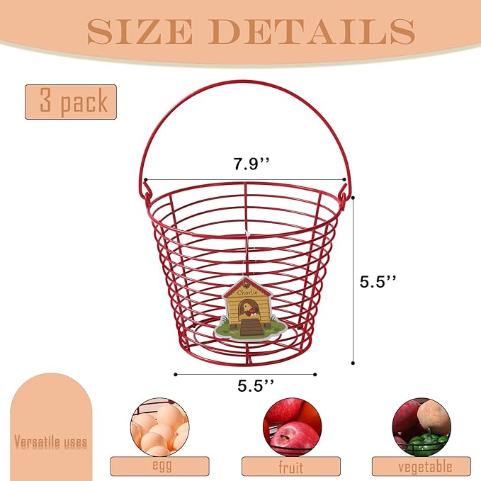 3 Pack 8 Inches Metal Mesh Wire Egg Collecting Basket with Handle Portable Garden Vegetable Fruit Storage Lightweight Hanging for Kitchen Farmhouse Gathering Picnic (Red)