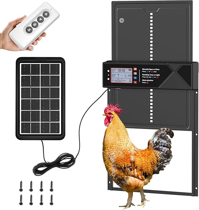 Automatic Chicken Coop Door, 4 Modes LCD Display Chicken Coop Door Solar Powered with Timer & Light Sensor, Aluminum Alloy Automatic Chicken Door with Anti-Pinch, IPX4 Waterproof
