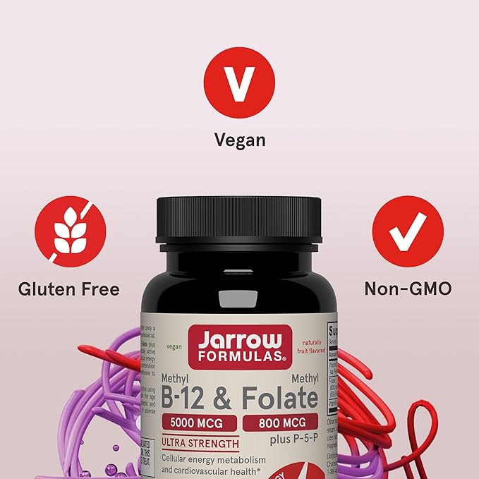 Jarrow Formulas Methyl B-12 & Methyl Folate, Bioactive Vitamin B9 and Vitamin B12 Supplement, Supports Cellular Energy Production, Healthy Brain Function & Metabolism, 60 Chewable Tablets, 60 Servings
