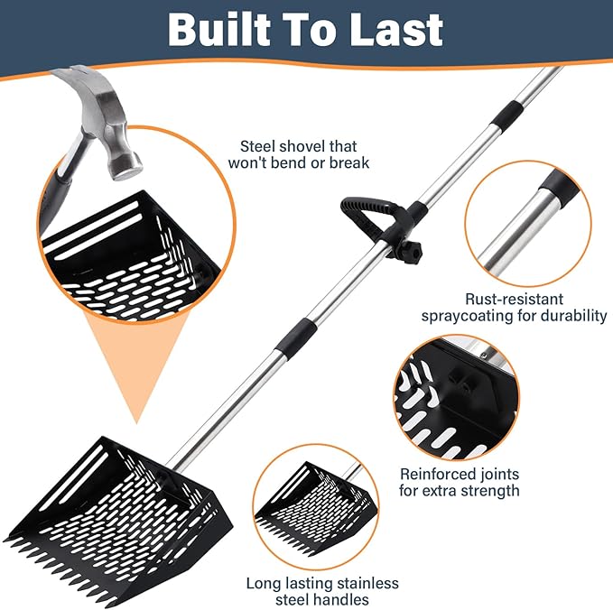 Chicken Poop Scooper, 10 Inch 2 in 1 Stainless Steel Sand Sifting Shovel & Rake with 35" to 62" Adjustable Length, Durable Litter Cleaner with Detachable Handle for Chicken Coop Farm Animal(Black)