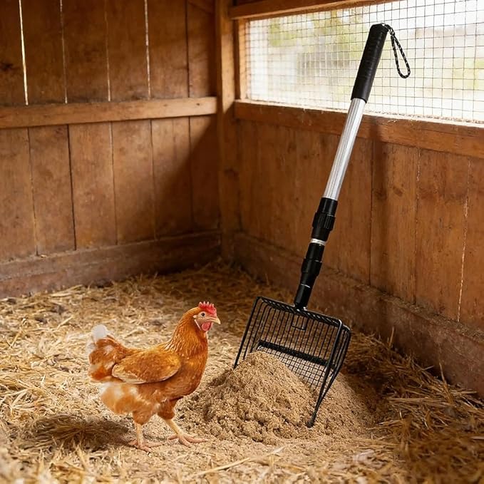 Adjustable Metal Poop Scoop- 3-in-1 Design as Scooper & Rake, Litter Sifting Shovel for Cleaning Chicken Coops, Farms, Stables, Sheep Pens, and Cat Litter