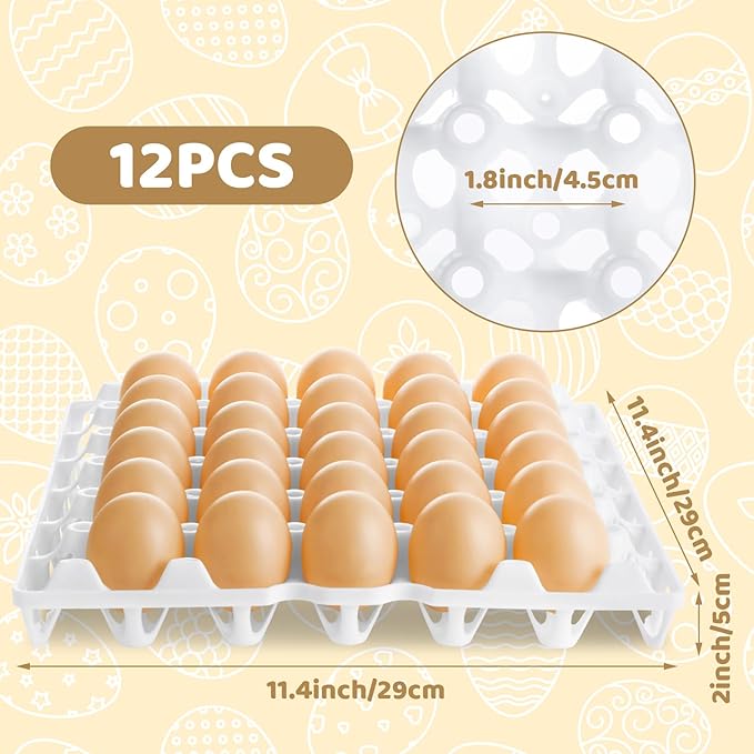 12 Pack Plastic Egg Tray Egg Crates, Stackable Egg Cartons Flats Each Holds 30 Eggs, Bulk Egg Trays for Home Chicken Farmers to Packing, Storage, Shipping Eggs - White