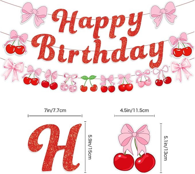 Pink Bow Cherry Themed Birthday Decorations for Princess Girls Coquette Birthday Party Decorations