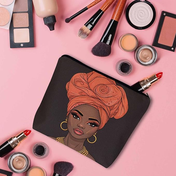 Makeup Bag African American Woman Makeup Bags For Purse Pouch, Black African Woman Sexy Lips And Turban Travel Toiletry Bag Cosmetic Bag Makeup Bags Flax Makeup Organizer Bag Pencil Pouch