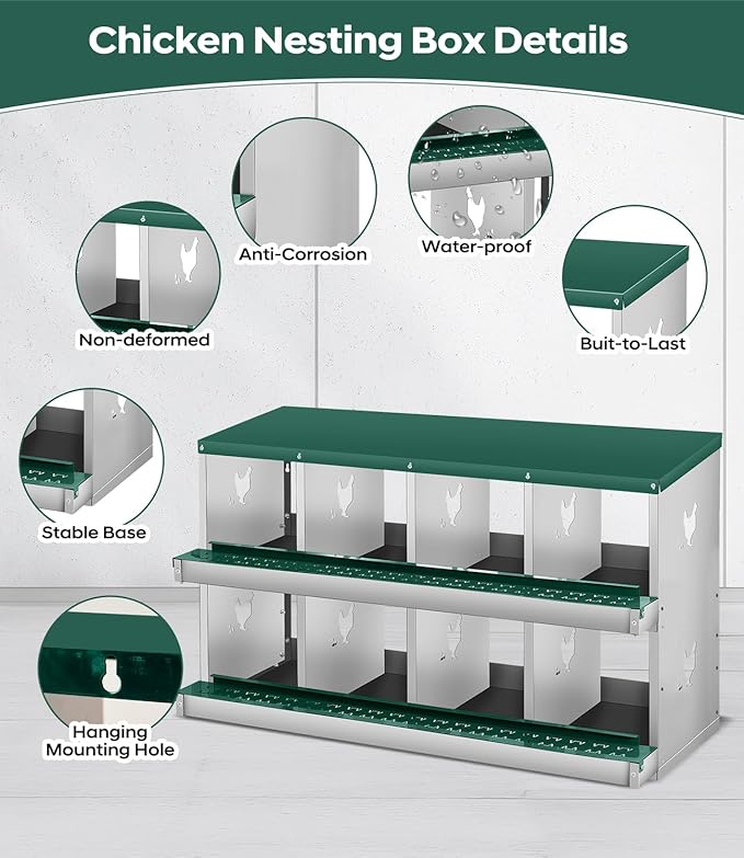 Chicken Nesting Box for Laying Eggs, 6 Compartment Metal Nesting Box,Wall Mount Chicken Nesting Boxes,Easy Egg Collection,Laying Boxes for Chickens Coop to Protect Eggs (Green, 8 Compartment)