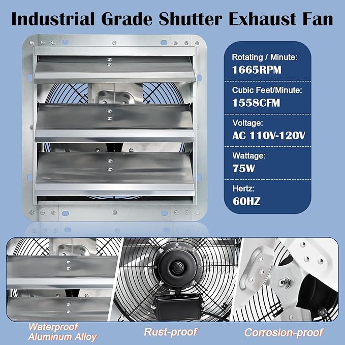 Hiorucet 14 Inch Shutter Exhaust Fan, 1558CFM High Speed Low Noise Aluminum Louvered Exhaust Fan Wall Mounted with 1.8m Power Cord for Greenhouse, Garage, Shop, Attics, Chicken Coop Ventilation.