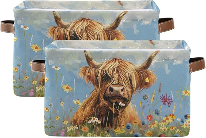 JIPONI Wild Highland Cow Fabric Storage Bins for Shelves, Decorative Storage baskets for organizing, Closet Organizer with Handle for Cloth, Toys, Bedrooms, Farmhouse