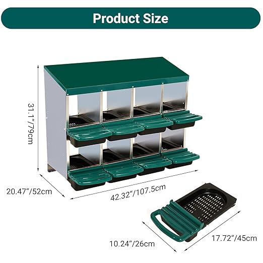 Garvee Chicken Nesting Boxes, 8 Hole Metal Chicken Laying Box with Removable Trays and Roll Out Egg Collection for Chicken Coop, Green