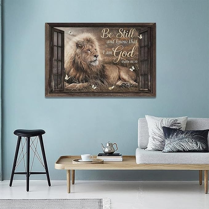 banonaty Lion Wall Art Rustic Farmhoues Christian Decor Of Judah Pictures Canvas Prints Artwork Inspirational Psalm Scripture Gifts Home Decorations For Bathroom Kitchen Office Framed 24''x16''