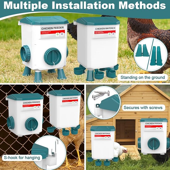 Chicken Feeder and Waterer Set, 1.9 Gallon/17.7 Pounds, Automatic Chicken Feeders and Chicken Waterer, Detachable for Chick, Duck & Quail Coop Use, Outdoor Farm & Backyard (Upgraded)