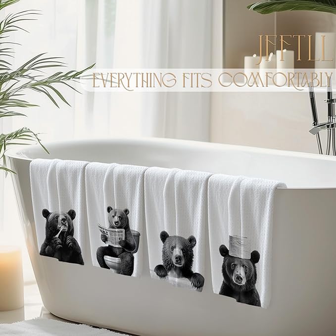 Bear Bathroom Decor Hand Towels, Bear Gifts for Women Men, Animal Lover Gifts, Black and White Wild Animal Hand Towels for Bathroom Washroom Restroom Decor, 16x24 Inch, Set of 4