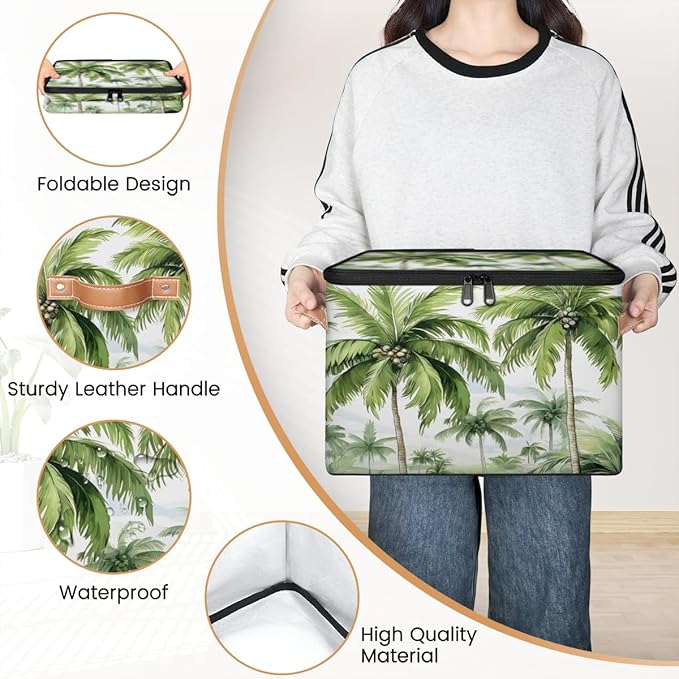 Palm Tree Storage Bins with Lids, Tropical Trees Fabric Storage Boxes with Zipper, Collapsible Decorative Closet Organizer Cube for Clothes, Organizing, Shelves