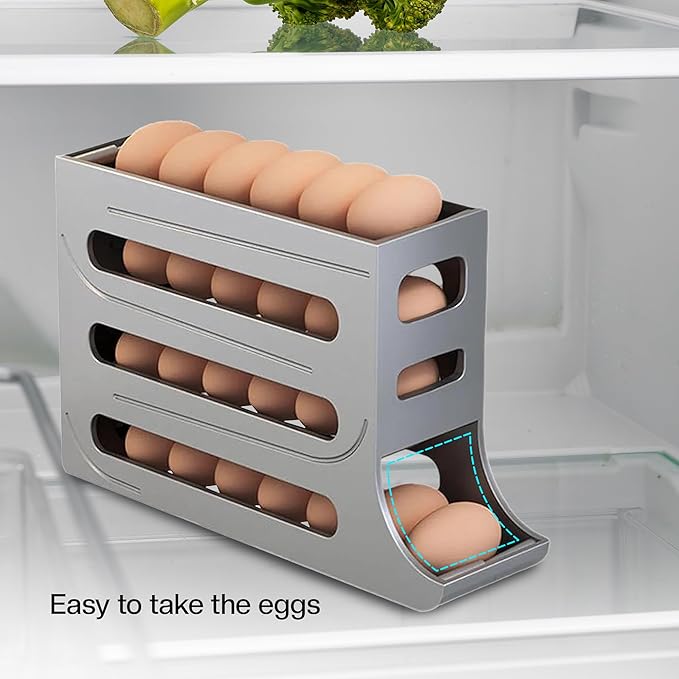 ZAYLAN Egg Holder for Fridge, Auto Rolling Egg Roller/Dispenser/Organizer/Storage Container, Space-Saving 4-Tier Egg Tray for 28 Eggs, Refrigerator, Kitchen & Countertop with Flower Egg Cutter (Gray)