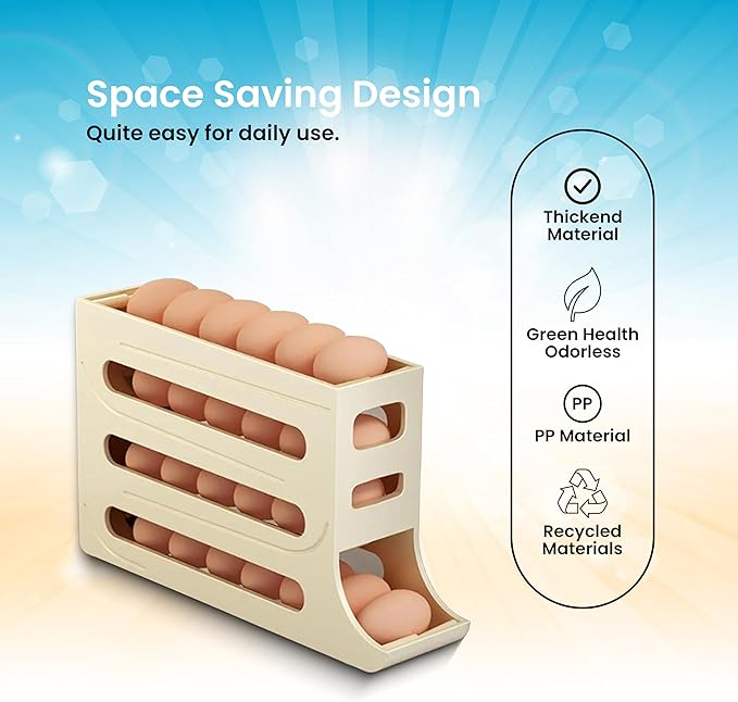 ZAYLAN Egg Holder for Fridge, Auto Rolling Egg Roller/Dispenser/Organizer/Storage Container, Space-Saving 4-Tier Egg Tray for 28 Eggs, Refrigerator, Kitchen & Countertop with Flower Egg Cutter (Cream)