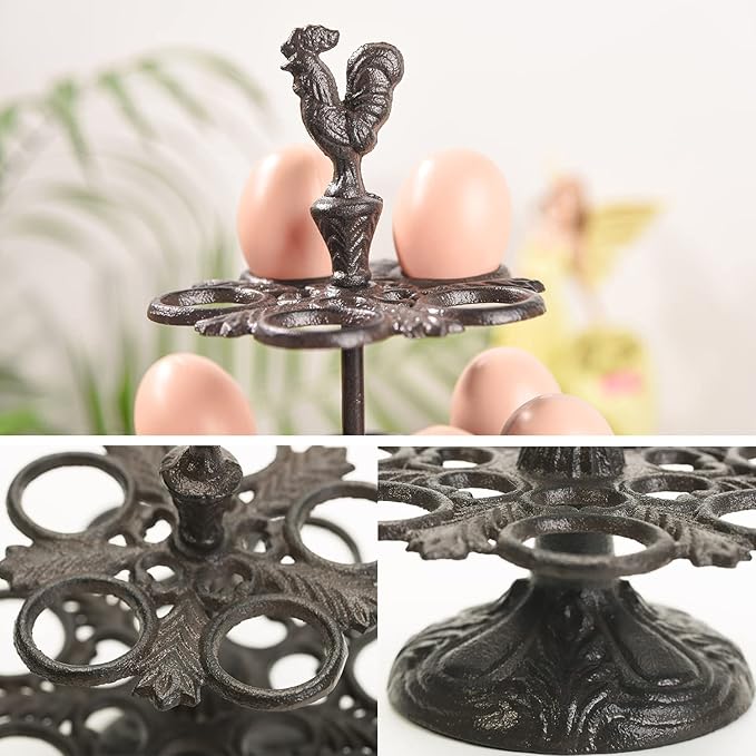 Sungmor Heavy Duty Cast Iron Eggs Holder Countertop Decor - Kitchen & Dining Room Organization Egg Stroage Display Rack - Vintage Dark Brown Color & Rooster Shaped Design - 12 Eggs Holding Capacity