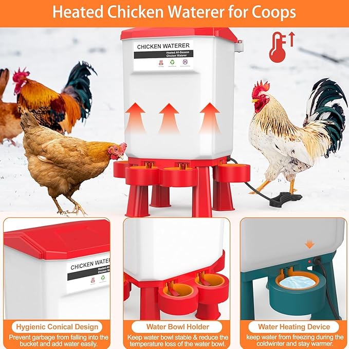 Heated Chicken Waterer, Plastic Chicken Water Heater, Anti-Freeze Heated Poultry Drinker with 4 Cups, Winter and Summer Dual-use, Poultry Water Heater for Chickens, Ducks, Geese - Dark Red, 11L