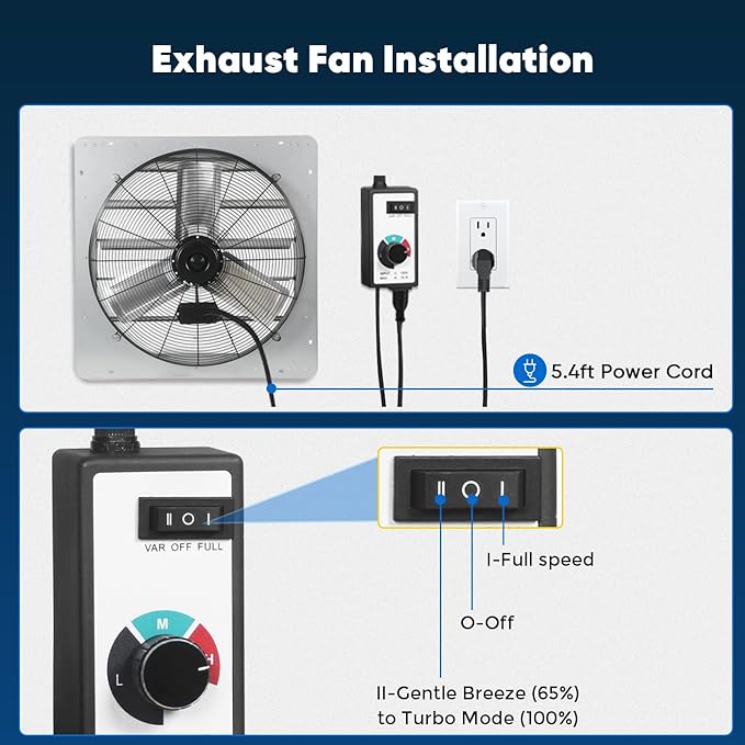 KEN BROWN 24 Inch Shutter Exhaust Fan with Controller Power Cord, Gable Vent Fan, Wall Mount Ventilation, High Speed 4200 CFM, Automatic Aluminum Blades, for Garages, Shop, Greenhouse, Attic