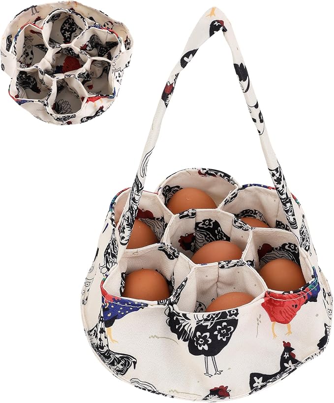 1 Pc Egg Collection Basket, Farmhouse Chicken Egg Holder with 7 Bags, Handheld Egg Purse Egg Basket for Collecting Fresh Eggs, Housewife Garden Transport Storage(Beige Chicken)