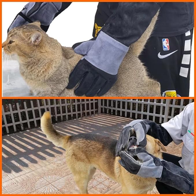 23.6 In Leather Welding Gloves for Animal Handling,Grabbing Reptile, Grooming,Trips to Vet,BBQ,Fireplace.Puncture & Scratch Resistant, Bite Proof for Cat Dog Bird Falcon Livestock Snake L Black