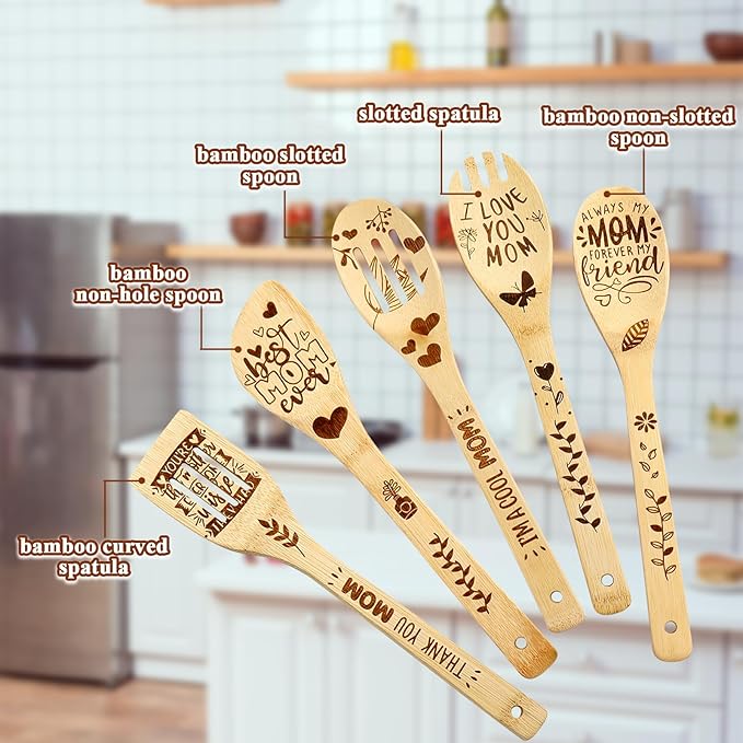 Wooden Birthday Gifts for Mom - Cooking Spoon,Mom Gifts from Daughters I Love You Mom,Engraved Bamboo Kitchen Cooking Utensils Set Gifts, Gift for Mom from Daughter, Son, Mothers Day for Mom