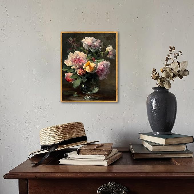 Vintage Flower Pictures Pink White Floral Paintings Flowers in Vase Wall Art Blooming Flowers Poster Antique Still Life Painting Pink Yellow Flower Artwork Pink Rose Canvas Wall Art 8x10inch Framed