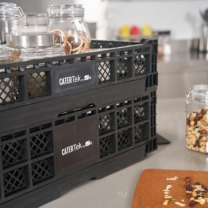 Restaurantware Plastic Milk Crates for Storage - 10 Pack - Cater Tek Stackable Storage Buns for Organizing - Collapsible Storage Basket for Groceries, Black