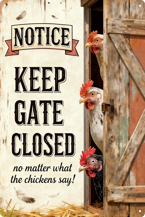 Chicken Signs for Coop Funny Outdoor– Hen House Decor with Warning "Keep Gate Closed No Matter What Chickens Say" Sign, Metal Chicken Coop Accessories for Home, Gifts for Chicken-mom -8x12 Inch