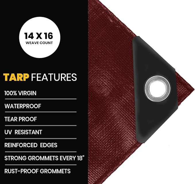 PROTARP Extra Heavy Duty 16 Mil Tarp Cover, Waterproof, UV Resistant, Rip and Tear Proof, Poly Tarpaulin with Reinforced Edges for Roof, Camping, Patio, Pool, Boat. (Maroon/Black 12′ X 12′)