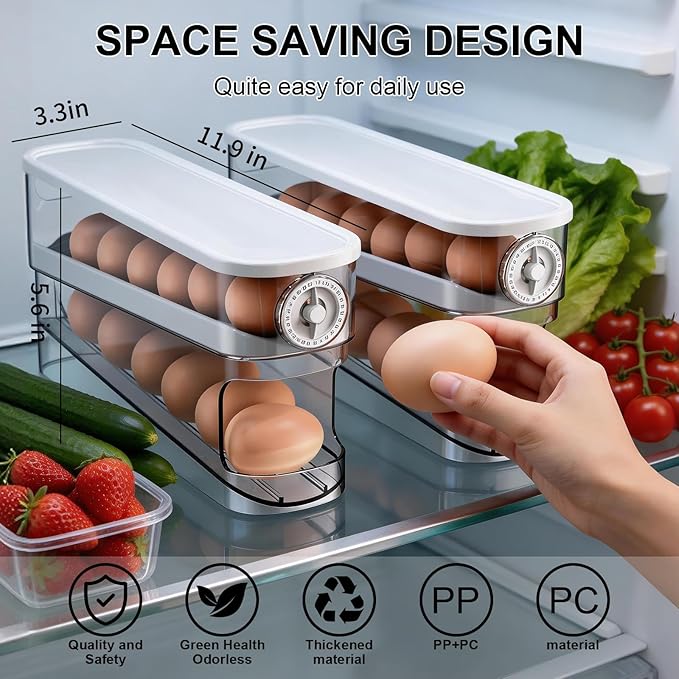 Auto Rolling Egg Holder for Fridge, Egg Dispenser/Organizer/Storage/Container with Lid & Date Timer for Refrigerator, Sturdy and Durable Space-Saving Egg Tray for 12 Large Eggs