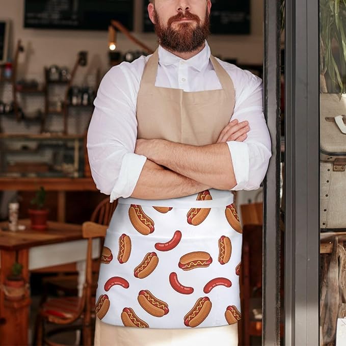 Unisex Chef Waiter Apron Waist Half Short Serving Aprons with 3 Pockets