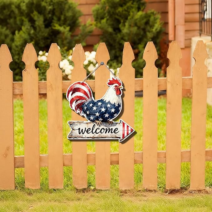 Independence Day Decor, American Flag Rooster Welcome Signs, Hanging Wood Sign Home Decorative, Printed Wood Wall Art Signs, Welcome Sign for Front Door, Farmhouse Porch Decor, 10x9.8 Inches