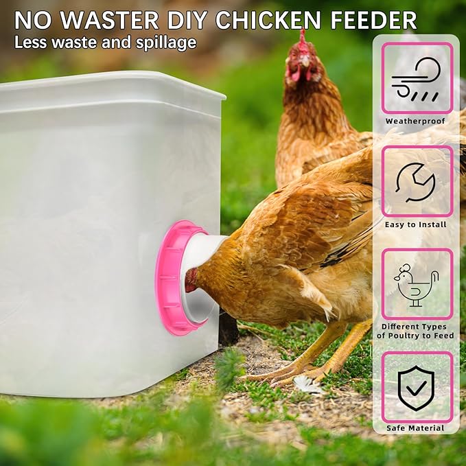 DIY Chicken Feeder No Waste 12 Ports, Poultry Feeder with 12 Covers 1 Drill Bit, Rain Proof Automatic Gravity Chicken Feeder Kits for Buckets, Barrels, Bins, Troughs (Pink)