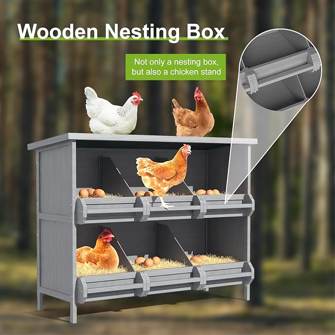 2-Tier Nesting Boxes for Chickens, 6-Compartment, Wooden Chicken Nesting Box for Laying Eggs, Chicken Laying Boxes with Perch, Solid Wood Egg Laying Box for Hens, Ducks, 1 Pack