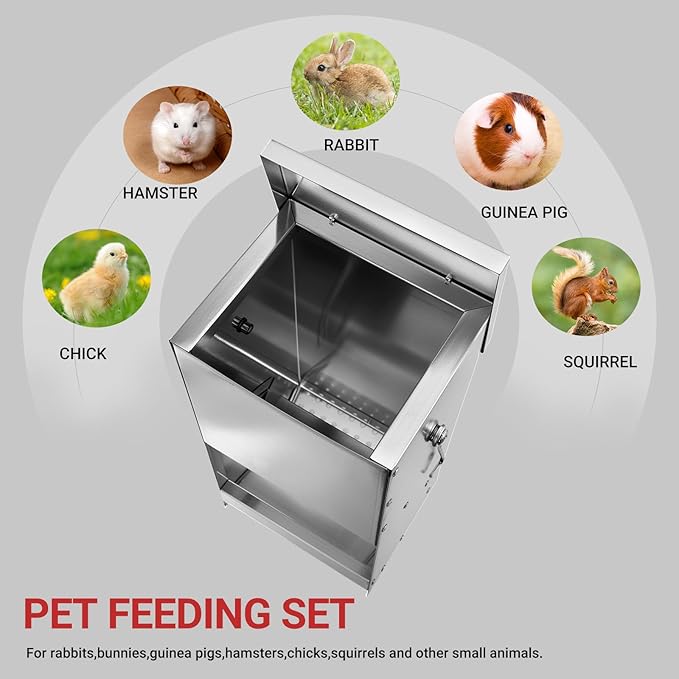 Rabbit Feeders Automatic for Cages,5 Pound Large Metal Trough Feeder with Lid Galvanized Steel Outdoor Bunny Food Dispenser for Rabbits Chicken Guinea Pig Pet and Other Small Animals