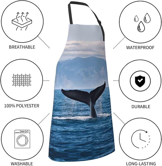 Kitchen Aprons for Men Women Waterproof Apron with 2 Pockets Whale Tail Apron Adjustable Bib Aprons