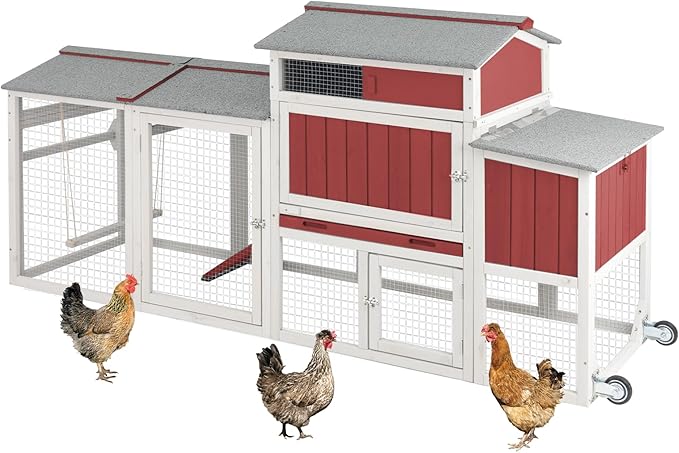 Chicken Coop Mobile Wooden Hen House with Nesting Box,83.2" L Outdoor Chicken House with 2 Wheels and Removable Tray,Fir Wood Chicken Tractor with 6 Ventilation Door and 1 Ramp,Red