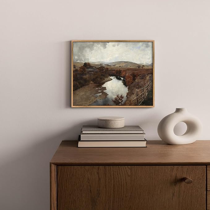 Vintage Wilderness Framed Wall Art River Nature Pictures Country Fence Artwork Nature Landscape Poster Countryside Canvas Wall Art Farmhouse Scenery Picture Rustic Landscape Painting 8x10inch Framed