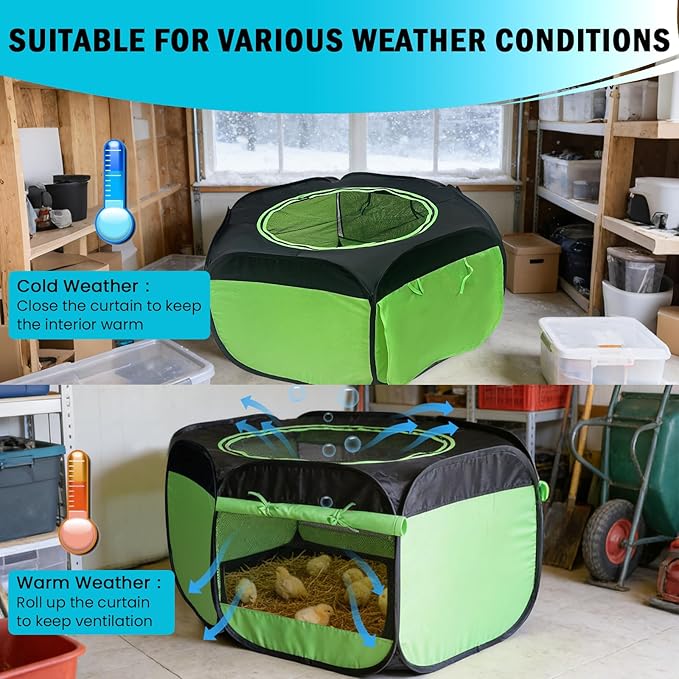 Chicken Brooder Box for Chick Starter Kit Upgrade Three-Sided Mesh Window Brooder Box for Chicks, Pop-Up Brooder Pen, Tent Up to 15 Chick, Duck and Quail (Green)