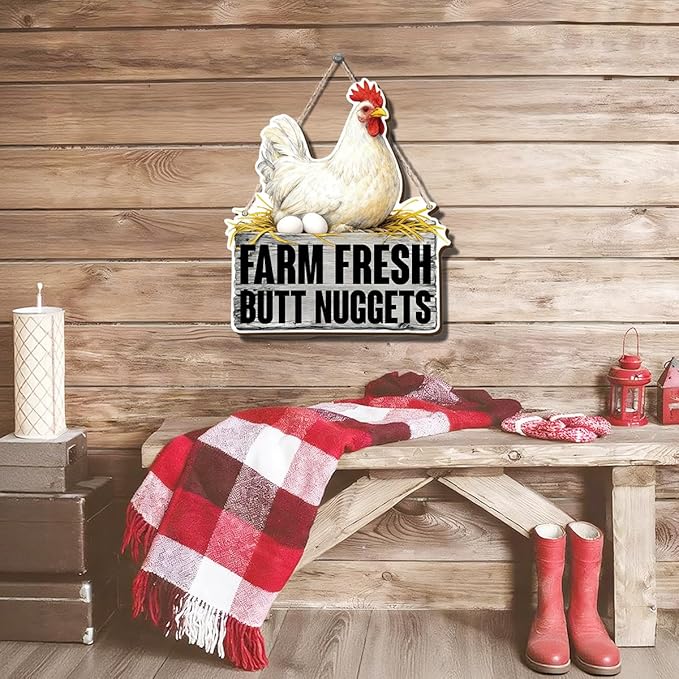 Farmhouse Kitchen Wall Decor, Chicken Coop Sign Farm Fresh Butt Nuggets, Rustic Wood Hanging Plaque, Vintage Painting Style Hen and Eggs Wall Art for Country Kitchen Breakfast Nook, 9.8x11.1 Inches