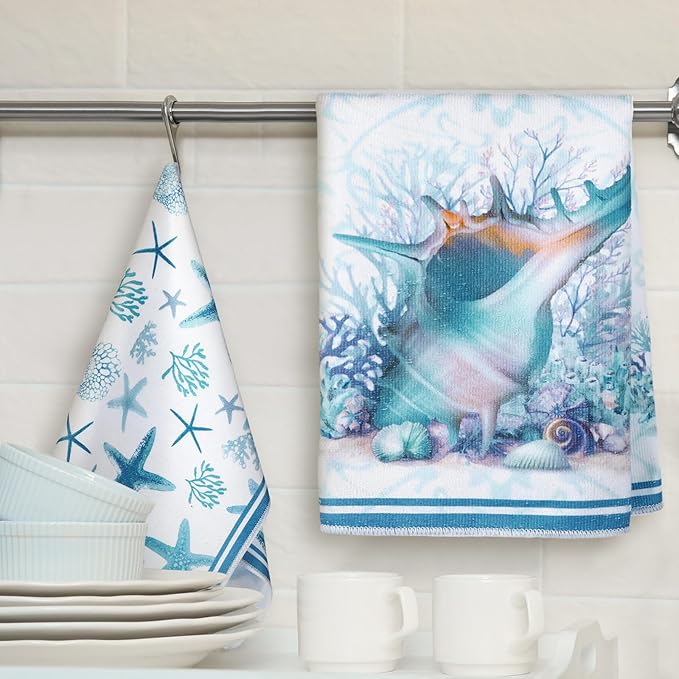 Boyiee Set of 6 Beach Kitchen Towels Coastal Ocean Dish Towels Sea Nautical Tea Towels Absorbent 24 x 16 Inches Shell Coral Starfish Hand Towels Summer Gifts for Farmhouse Kitchen Bathroom Decorations