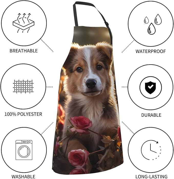 Dogs and Roses Heavy Duty Waterproof Apron with Pockets for AdultsResistant Grilling, Gardening, Painting