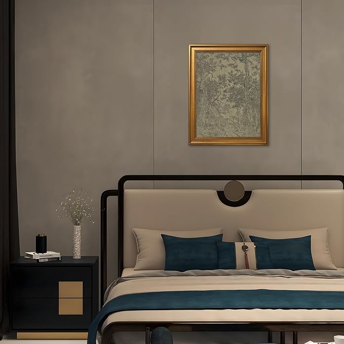 Gold Framed Antique Textile Landscape Sketch Wall Art Painting Moody Vintage Drawing Print Rustic Old-World Picture Poster Neutral Canvas Artwork for Living Room Study Entryway Home Decor 12x16inch