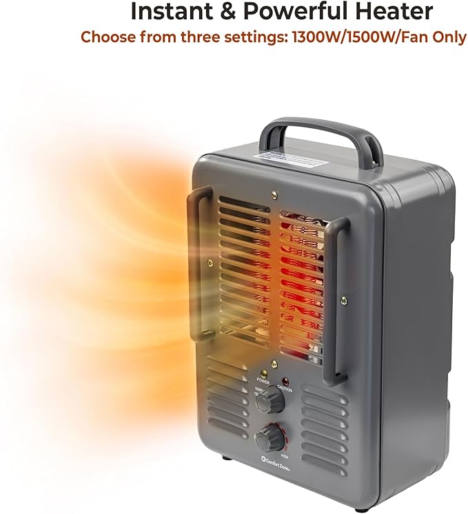 Comfort Zone Milkhouse Style Utility Space Heater with Adjustable Thermostat, Electric, Portable, 3-Prong Plug, Overheat Protection, & Tip-Over Switch, Ideal for Garage or Workshop, 1,500W, CZ798GR3