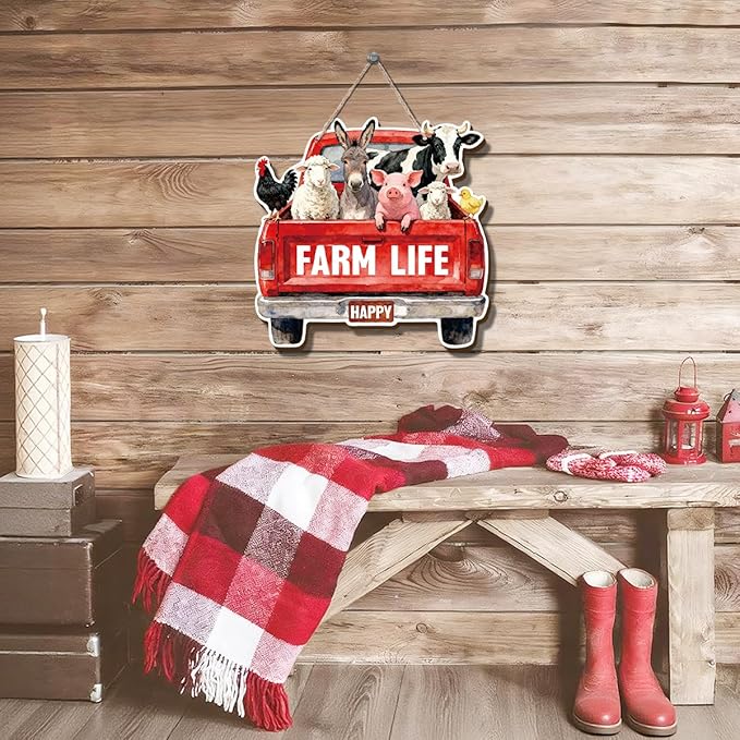 Farmhouse Wall Decor, Farm Life Red Truck Wood Sign with Cow Pig Donkey Sheep and Chicken, Rustic Watercolor Painting Style Hanging Plaque for Country Kitchen Porch Entryway or Barn, 9.8x10 Inches