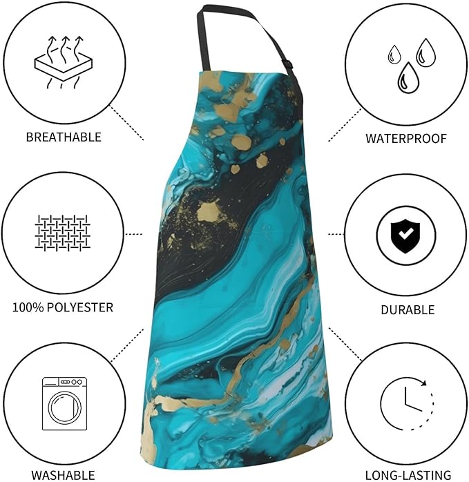 Aprons for Women with Pockets Waterproof Apron Adjustable Bib Turquoise Blue Gold Marble Apron Chef Apron