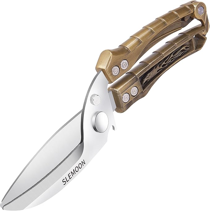 Kitchen Shears Heavy Duty Poultry Shears for Bone,Chicken,Turkey,Meat,Fish and Pizza Cutting Board Kitchen Scissors All Purpose for Food Ideal for Chef and Home Cooking,Dishwasher Safe Brass
