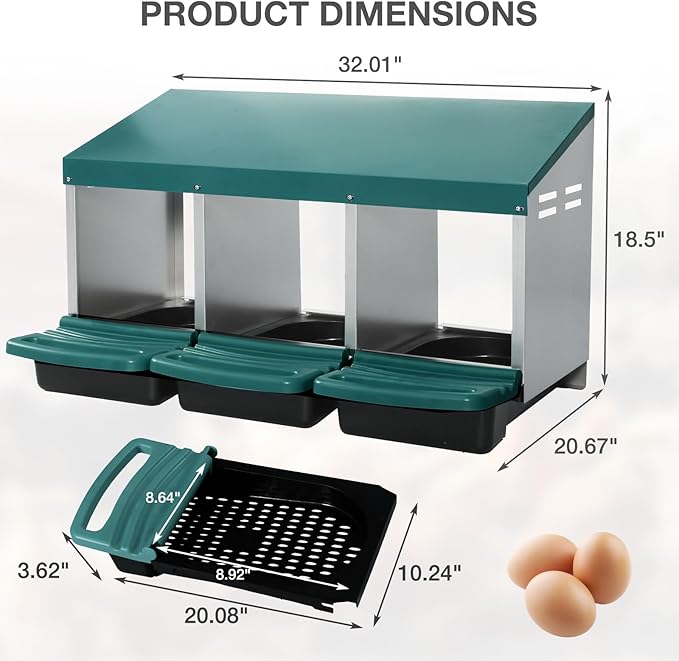 Chicken Nesting Boxes, 3 Compartments Egg Collection with Removable Drawer, Chicken Metal Laying Nest Box for Hens, Easy to Assemble, for Chicken Coop, Green